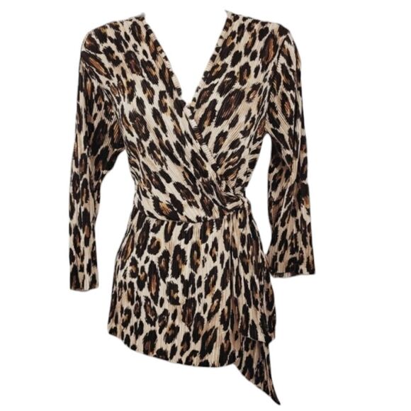 Cato Est. 1946 Cheetah Accordian Crinkle Pleat V-neck Longsleeve Blouse Size XS - Picture 2 of 11